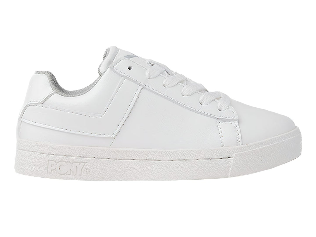 Tenis PONY color blanco total para niño o niña, con agujetas y suela plana blanca.
