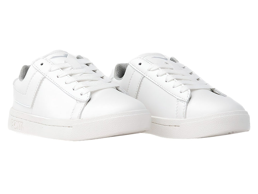 Tenis PONY color blanco total para niño o niña, con agujetas y suela plana blanca.