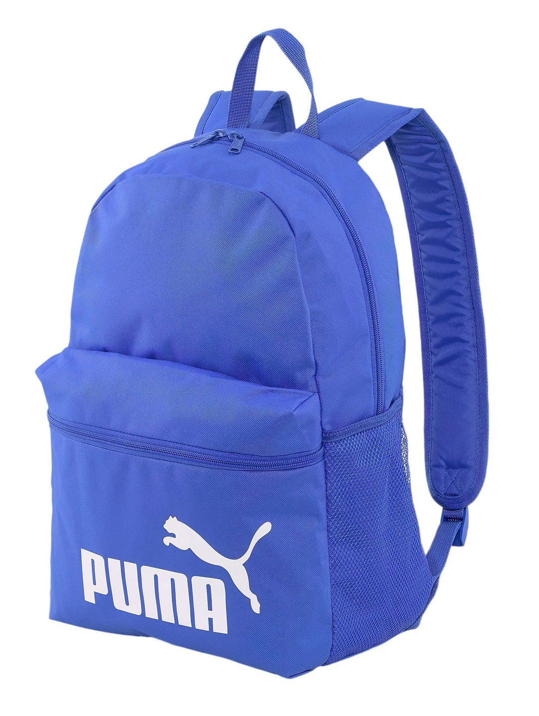 Mochila deportiva PUMA color azul Royal Sapphire con logotipo blanco en el frente y bolsillos laterales de malla.