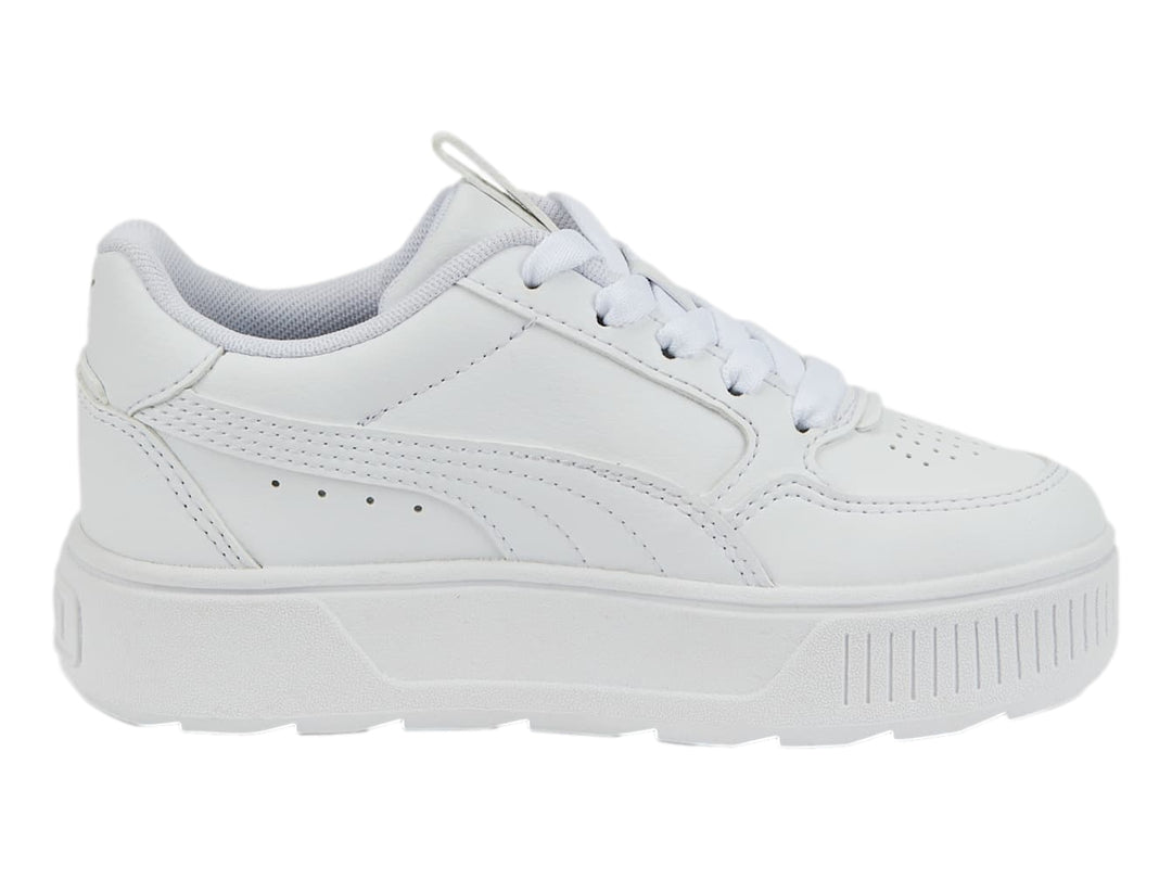 Tenis PUMA Karmen Rebelle PS en color blanco total con suela de plataforma gruesa para niños.