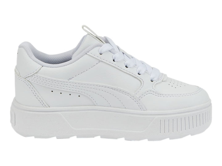 Tenis PUMA Karmen Rebelle PS en color blanco total con suela de plataforma gruesa para niños.