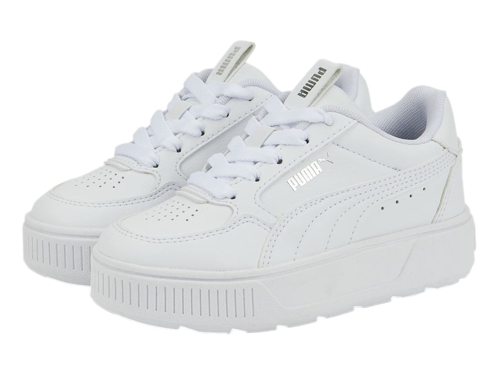 Tenis PUMA Karmen Rebelle PS en color blanco total con suela de plataforma gruesa para niños.