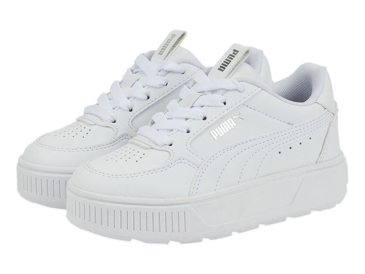 Tenis PUMA Karmen Rebelle PS en color blanco total con suela de plataforma gruesa para niños.