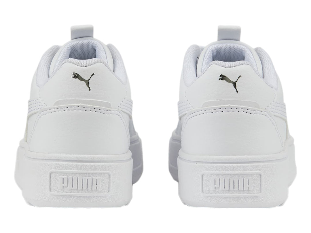 Tenis PUMA Karmen Rebelle PS en color blanco total con suela de plataforma gruesa para niños.