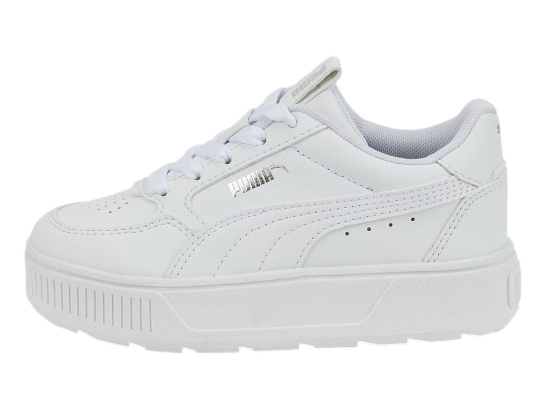 Tenis PUMA Karmen Rebelle PS en color blanco total con suela de plataforma gruesa para niños.