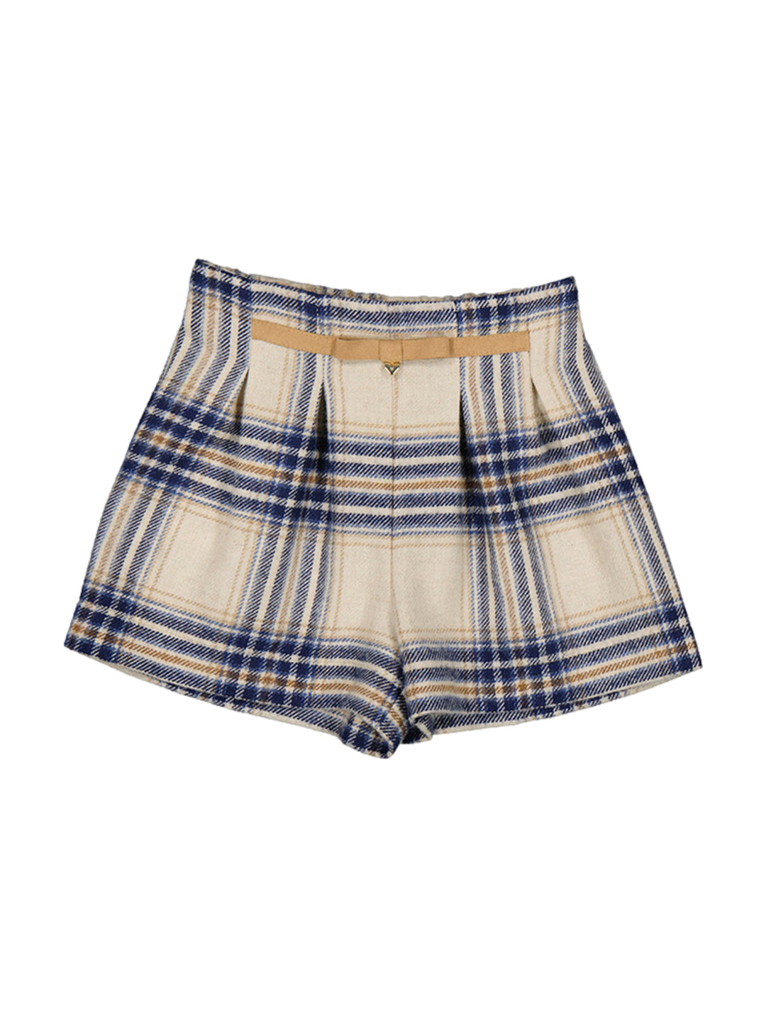 Bermudas de cuadros en colores marino y beige con cinturón integrado.