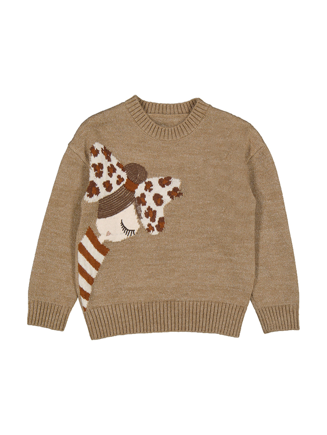 Jersey de punto color bronce para niña con diseño decorativo de intarsia en el frente.