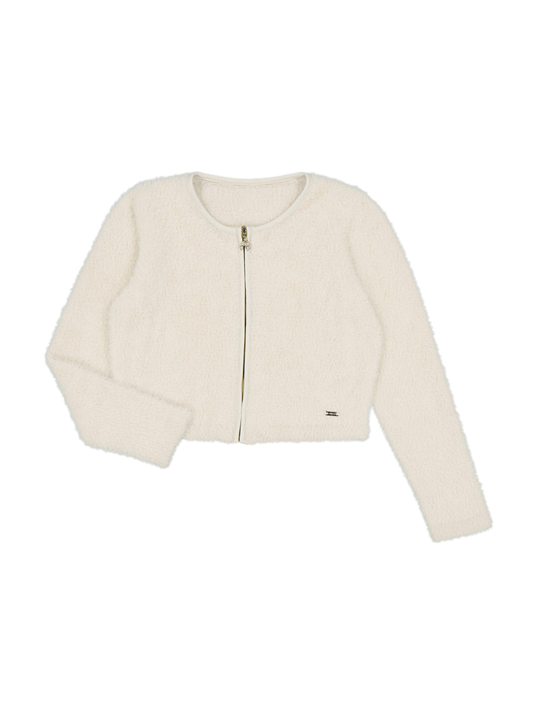 Chaqueta infantil color blanco hueso con textura suave y cierre de cremallera.