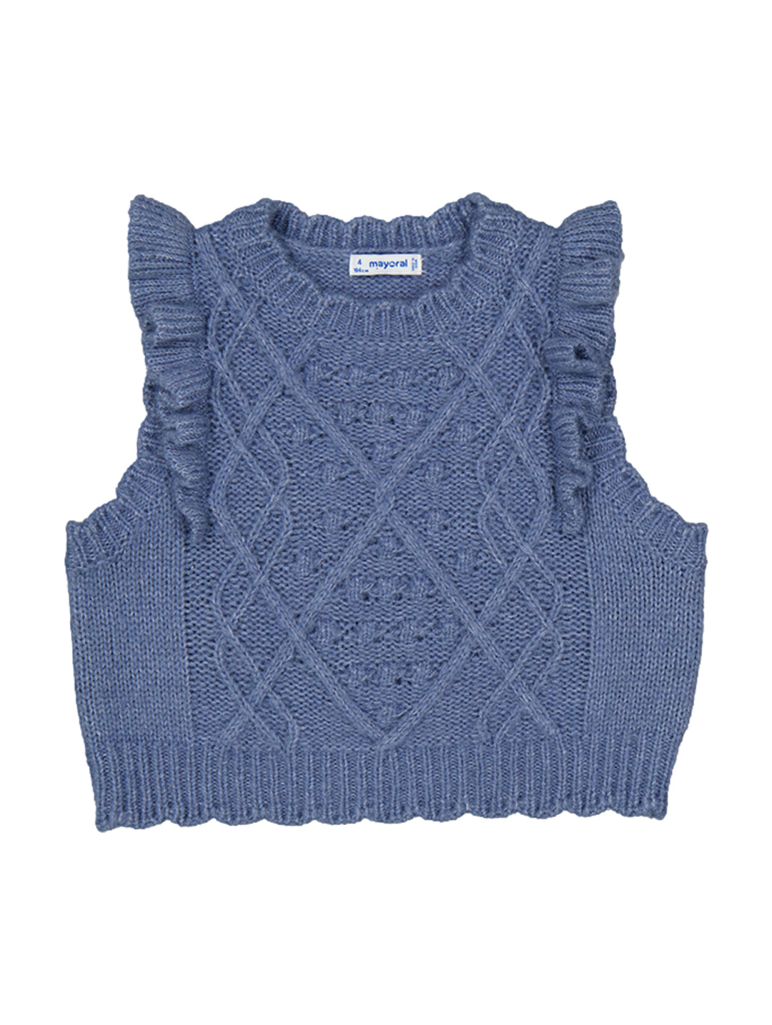 Chaleco de punto azul añil con volantes en los hombros y diseño de rombos en el frente.