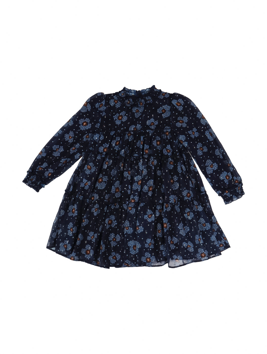 Vestido para niña de color azul marino con estampado floral en tonos azules y rojos, confeccionado en gasa.