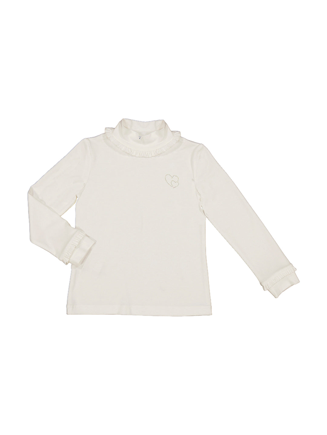 Blusa de manga larga color crudo con cuello volante y pequeño detalle de corazón en el pecho.