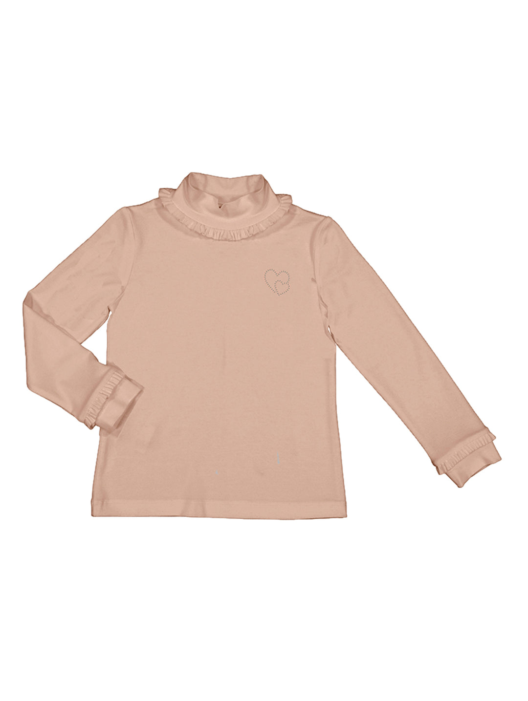 Blusa color nude de manga larga con cuello y puños con volantes y detalle de corazón en el pecho.