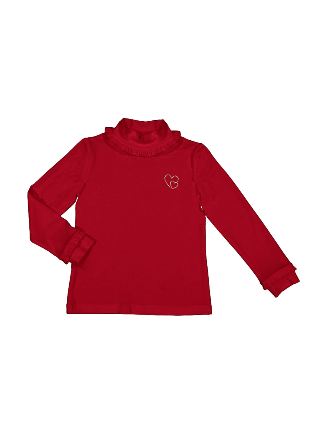 Blusa roja de manga larga con cuello y puños con volantes y detalle de corazón en el pecho.