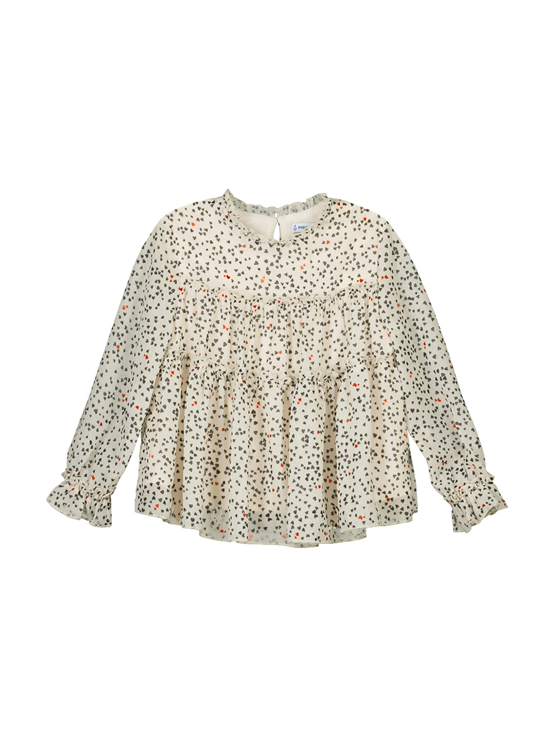 Blusa de gasa color crema con estampado de puntos negros y rojos, diseño en capas y mangas largas.