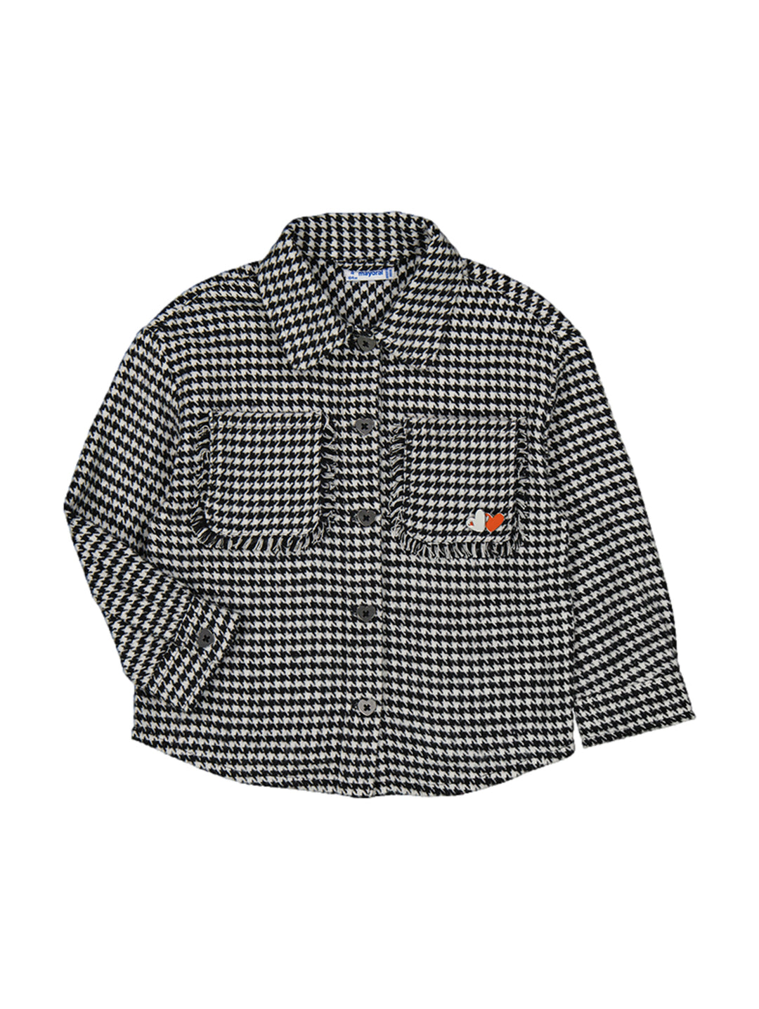 Sobrecamisa infantil de color negro y blanco con estampado de cuadros houndstooth y botones frontales.