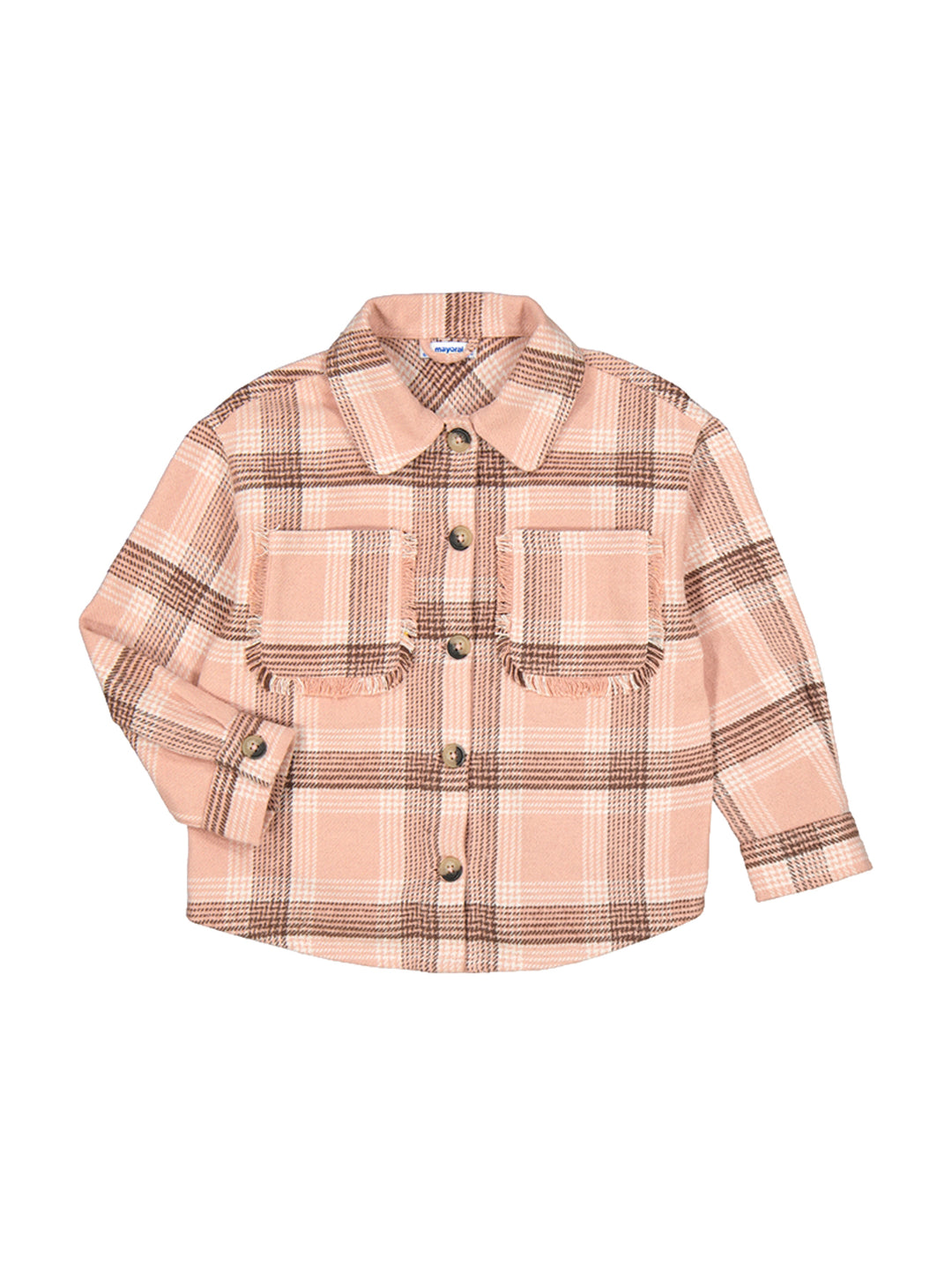 Sobrecamisa de cuadros en color nude y marrón con botones frontales y bolsillos.
