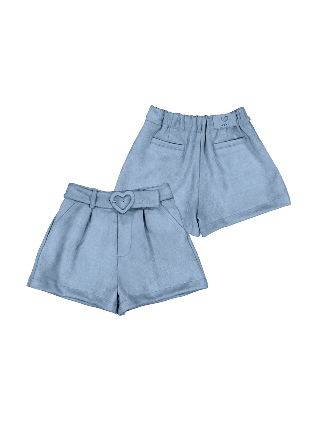 Bermudas infantiles color azul azafata en tela antelina con detalle de corazón en la cintura.