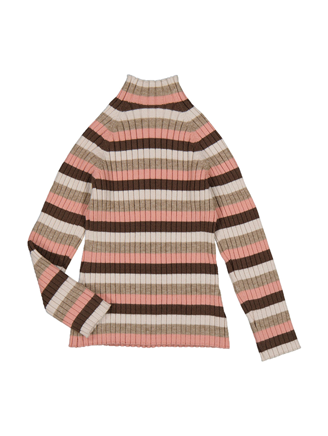 Blusa de manga larga y cuello alto con diseño de rayas horizontales en tonos nude, chocolate y beige.