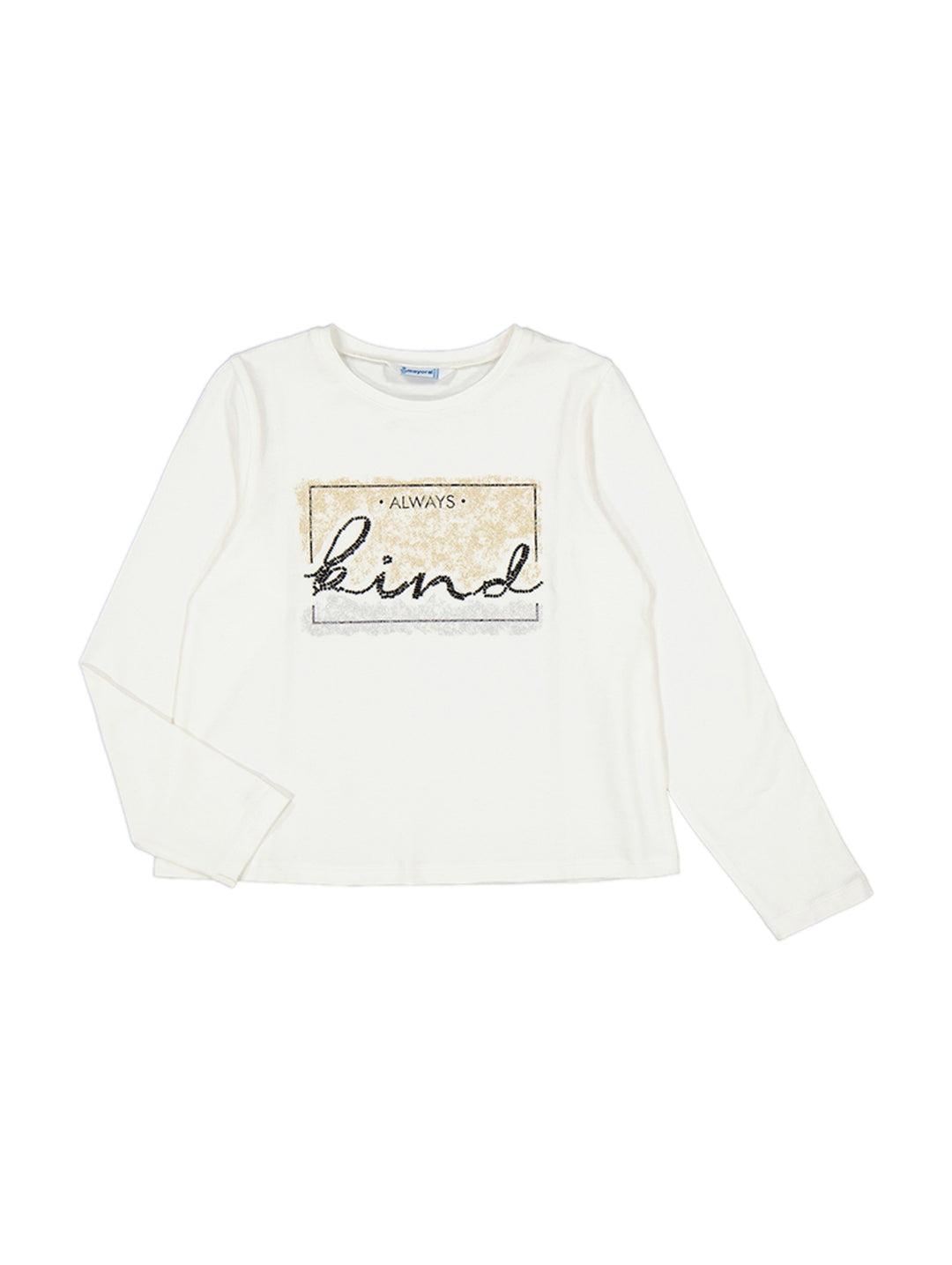 Camiseta de manga larga color crudo con estampado central que dice ALWAYS kind.
