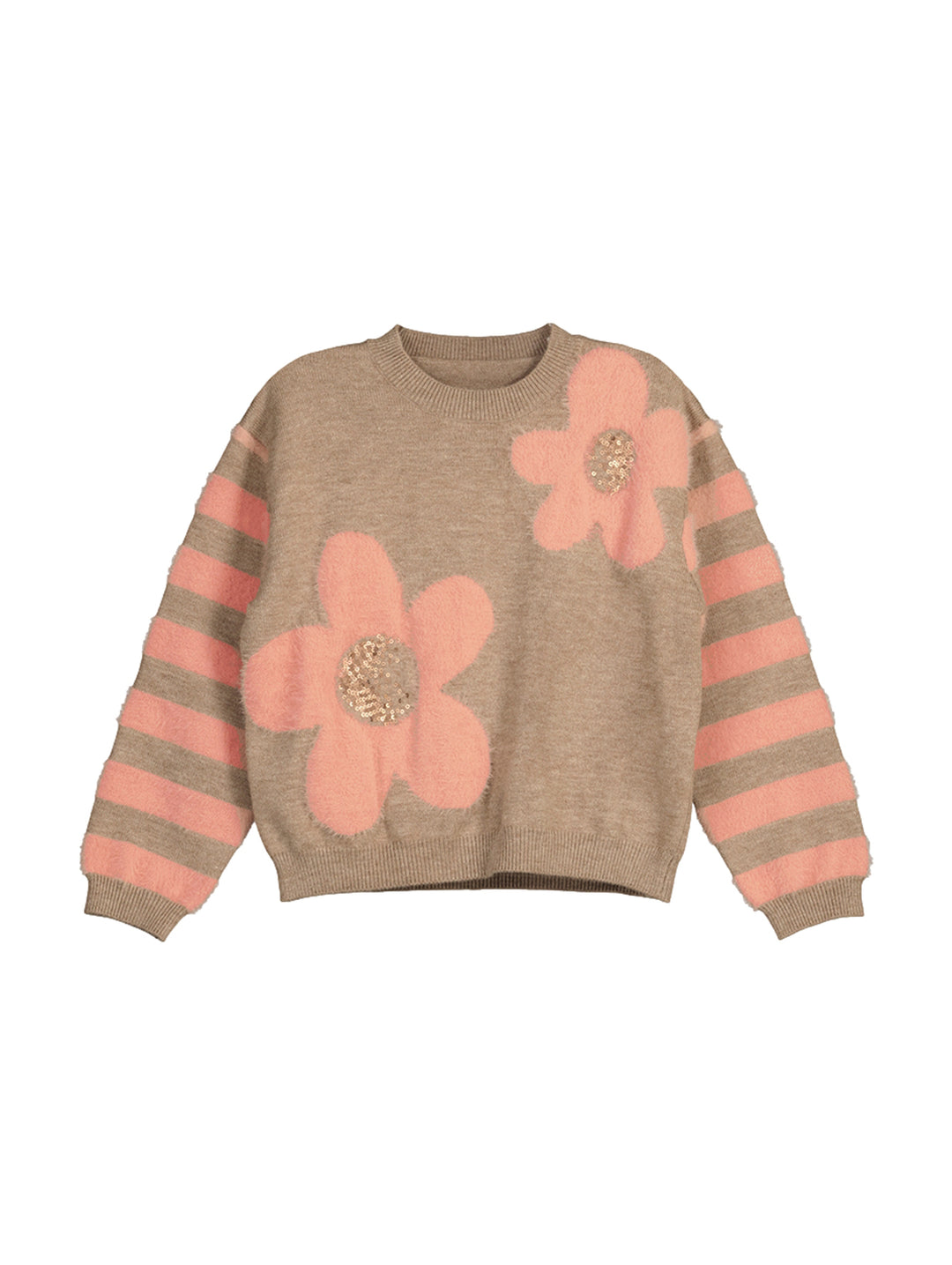 Suéter color nuez para niña con flores rosas en relieve y mangas a rayas rosas y beige.