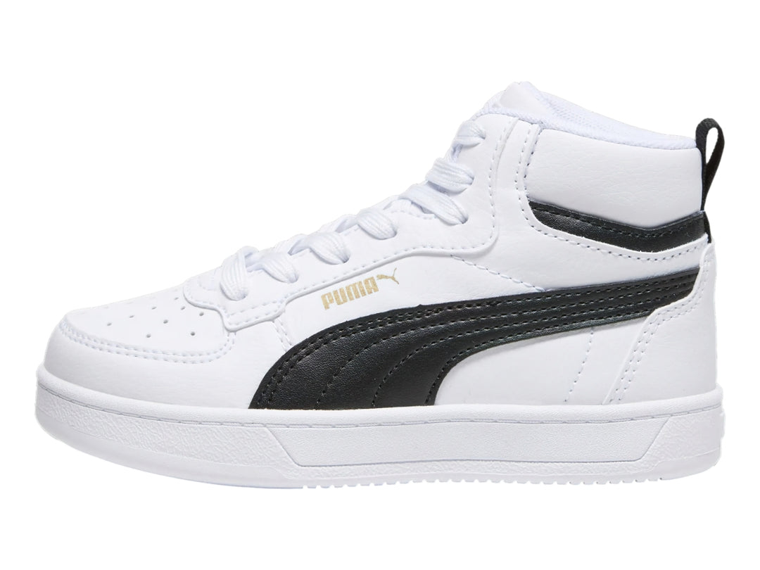 Tenis PUMA Caven 2.0 Mid color blanco con franja lateral negra y suela blanca.