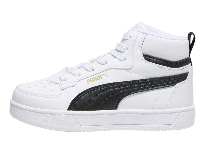 Tenis PUMA Caven 2.0 Mid color blanco con franja lateral negra y suela blanca.