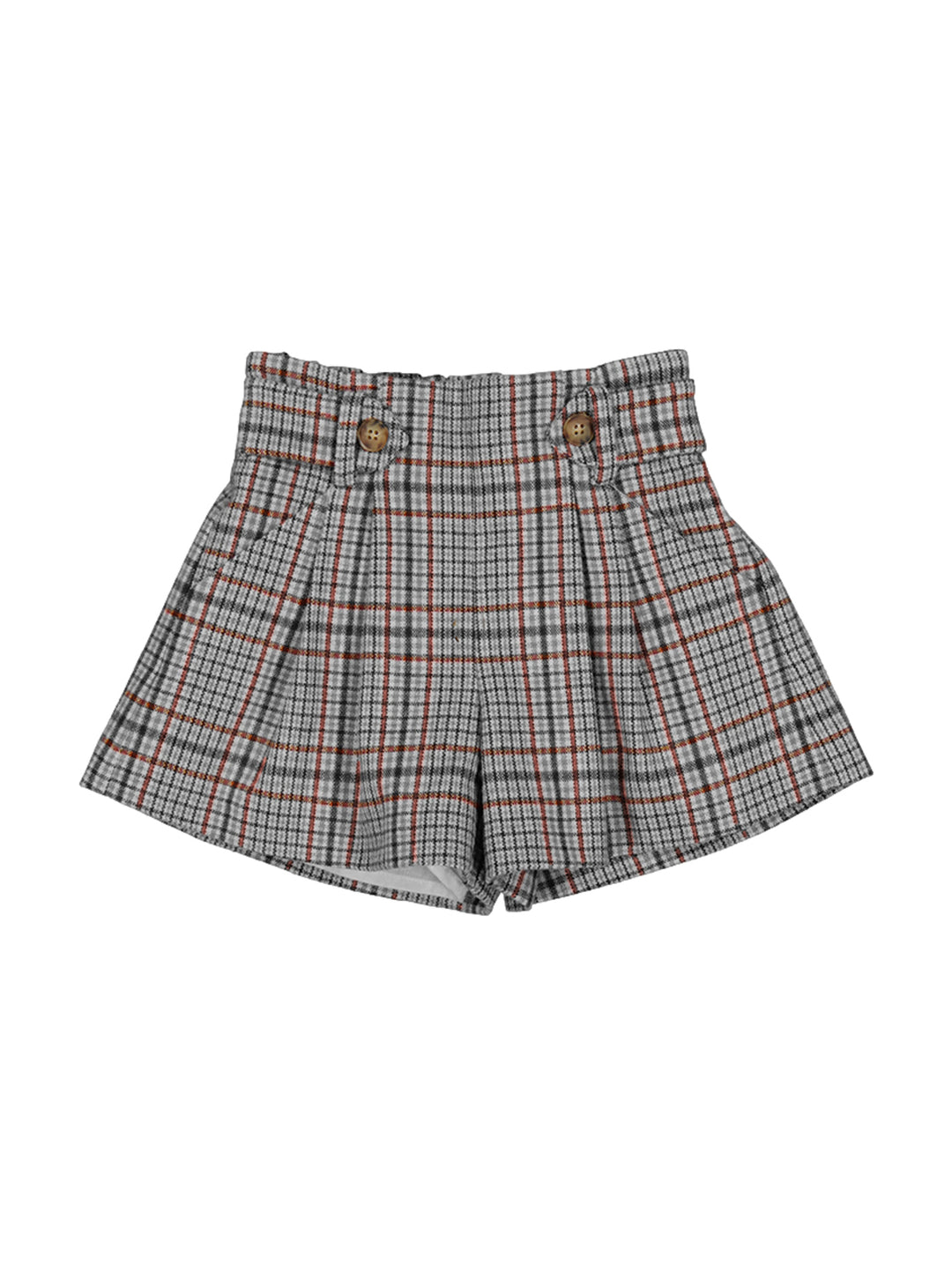Bermudas infantiles con estampado de cuadros en tonos negro, gris y rojo con botones decorativos.