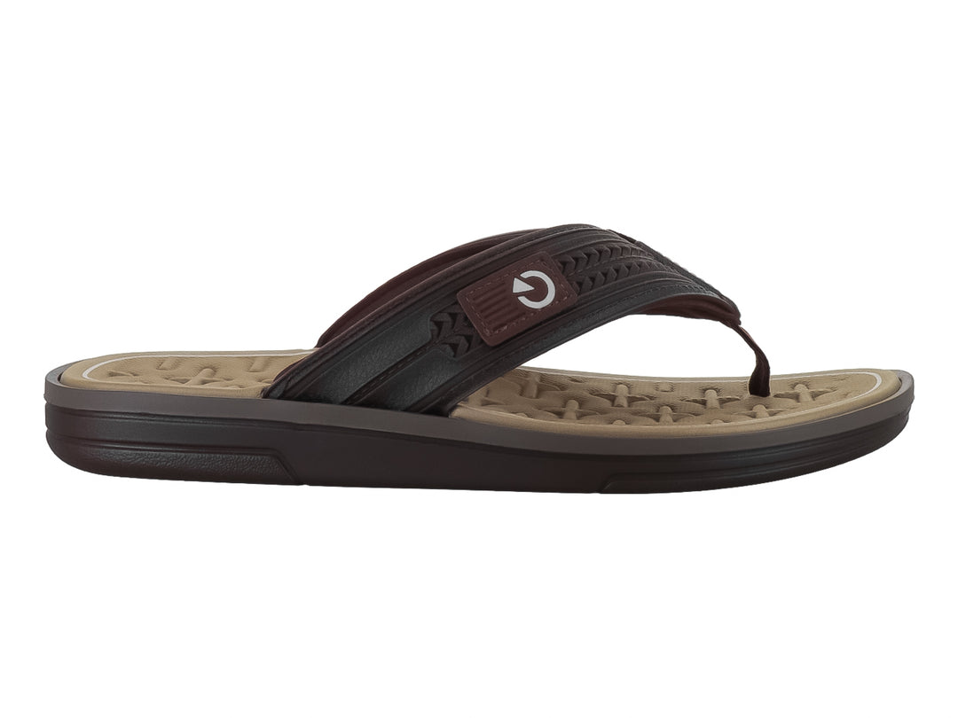 Sandalias de dedo marca Cartago en colores marrón y gris con suela texturizada.