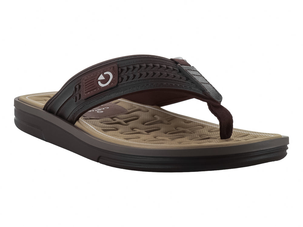 Sandalias de dedo marca Cartago en colores marrón y gris con suela texturizada.