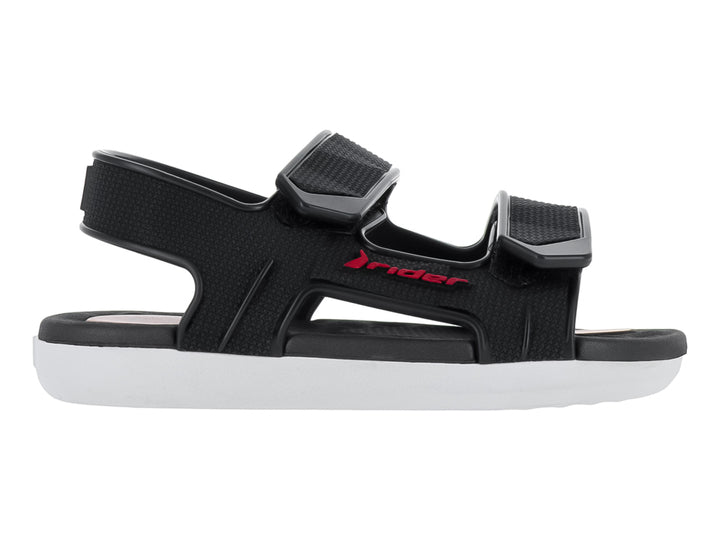 Sandalia infantil Rider color negro con suela blanca y correas ajustables de velcro.
