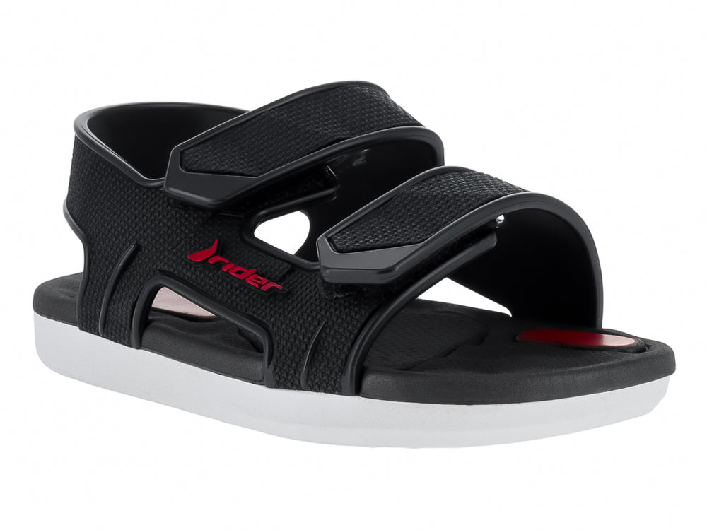 Sandalia infantil Rider color negro con suela blanca y correas ajustables de velcro.