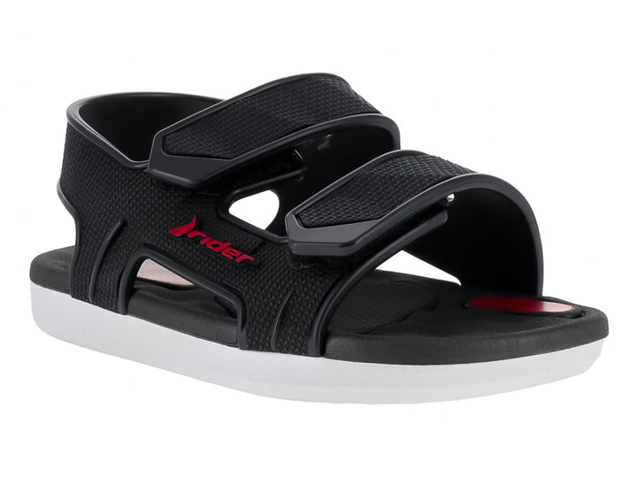 Sandalia infantil Rider color negro con suela blanca y correas ajustables de velcro.