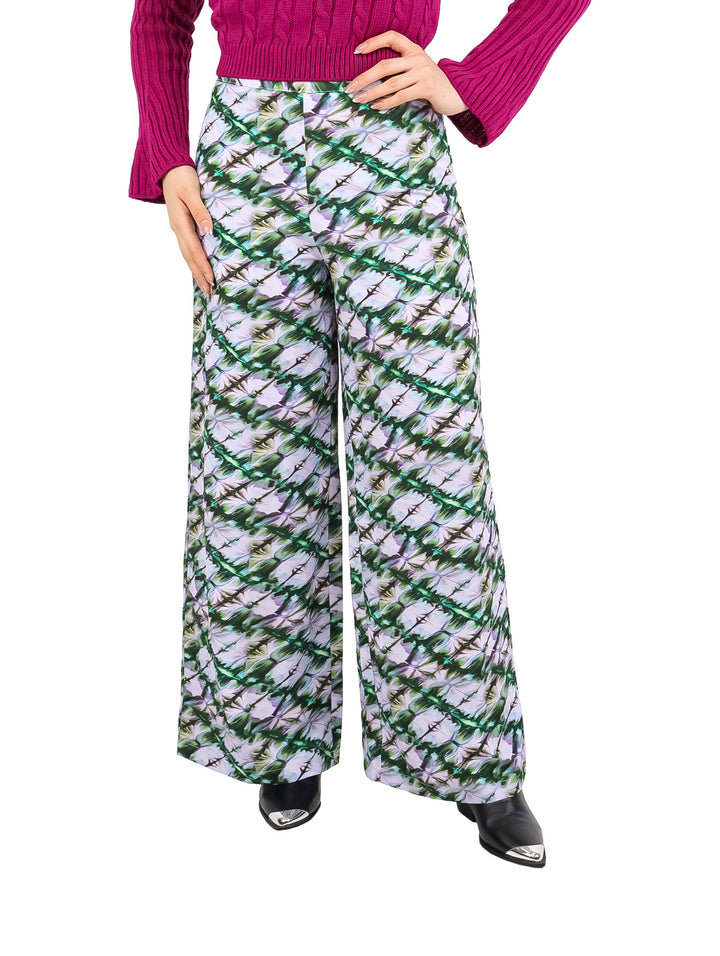 Pantalones anchos para mujer con estampado abstracto en tonos lila, verde y blanco.