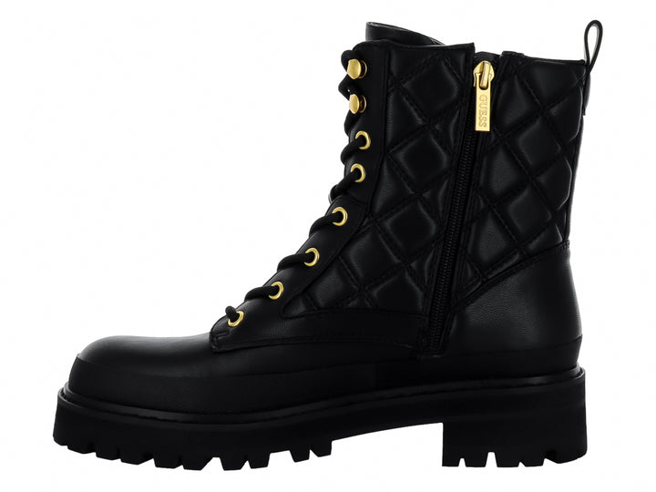 Botas negras GUESS de caña alta con diseño acolchado, ojetes dorados y suela track gruesa.