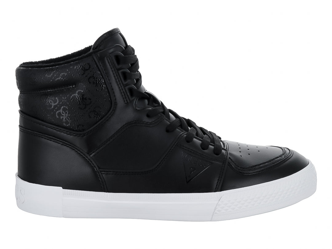 Tenis botín Guess de color negro con suela blanca y detalles grabados en el costado.