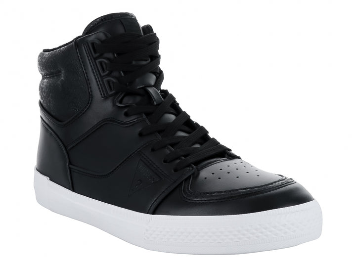 Tenis botín Guess de color negro con suela blanca y detalles grabados en el costado.