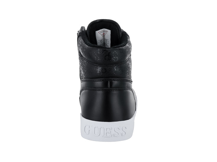 Tenis botín Guess de color negro con suela blanca y detalles grabados en el costado.