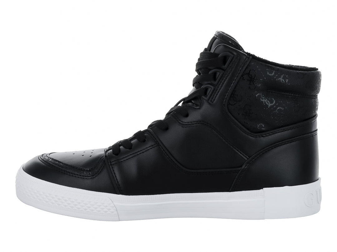 Tenis botín Guess de color negro con suela blanca y detalles grabados en el costado.