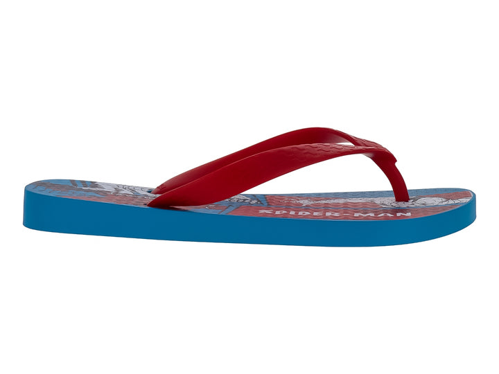 Sandalias Ipanema azules con tiras rojas y diseño de Spider-Man en la plantilla.