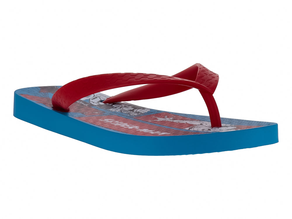 Sandalias Ipanema azules con tiras rojas y diseño de Spider-Man en la plantilla.