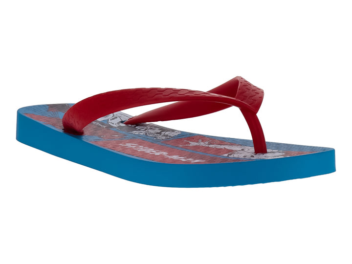 Sandalias Ipanema azules con tiras rojas y diseño de Spider-Man en la plantilla.