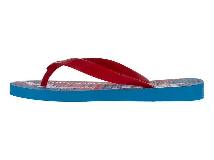 Sandalias Ipanema azules con tiras rojas y diseño de Spider-Man en la plantilla.