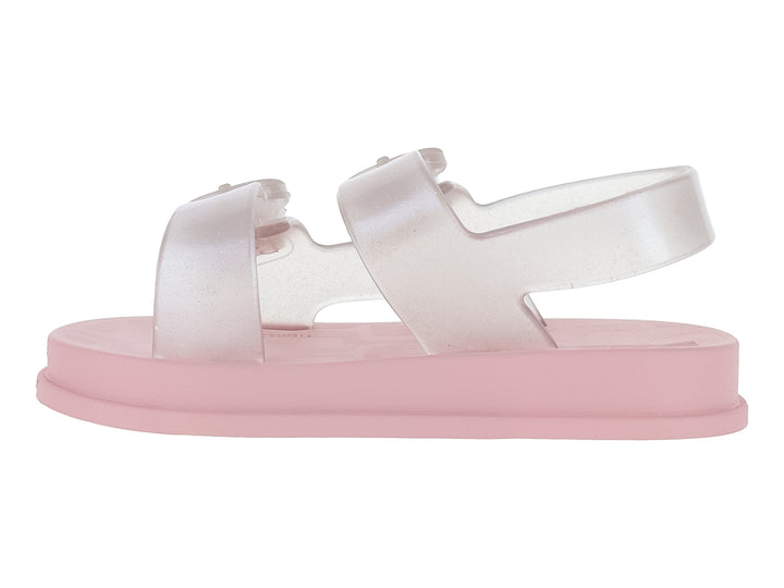 Sandalias rosa con correas transparentes con glitter y hebillas.