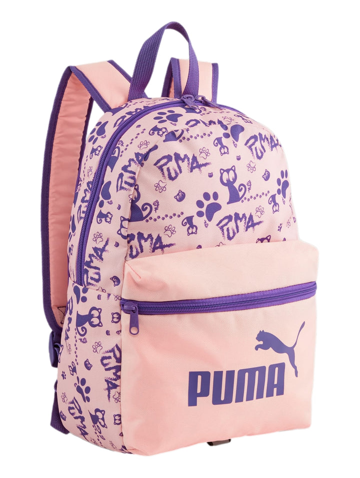 Mochila PUMA Phase Small color rosa con detalles y estampados en color morado.