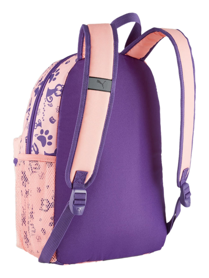 Mochila PUMA Phase Small color rosa con detalles y estampados en color morado.