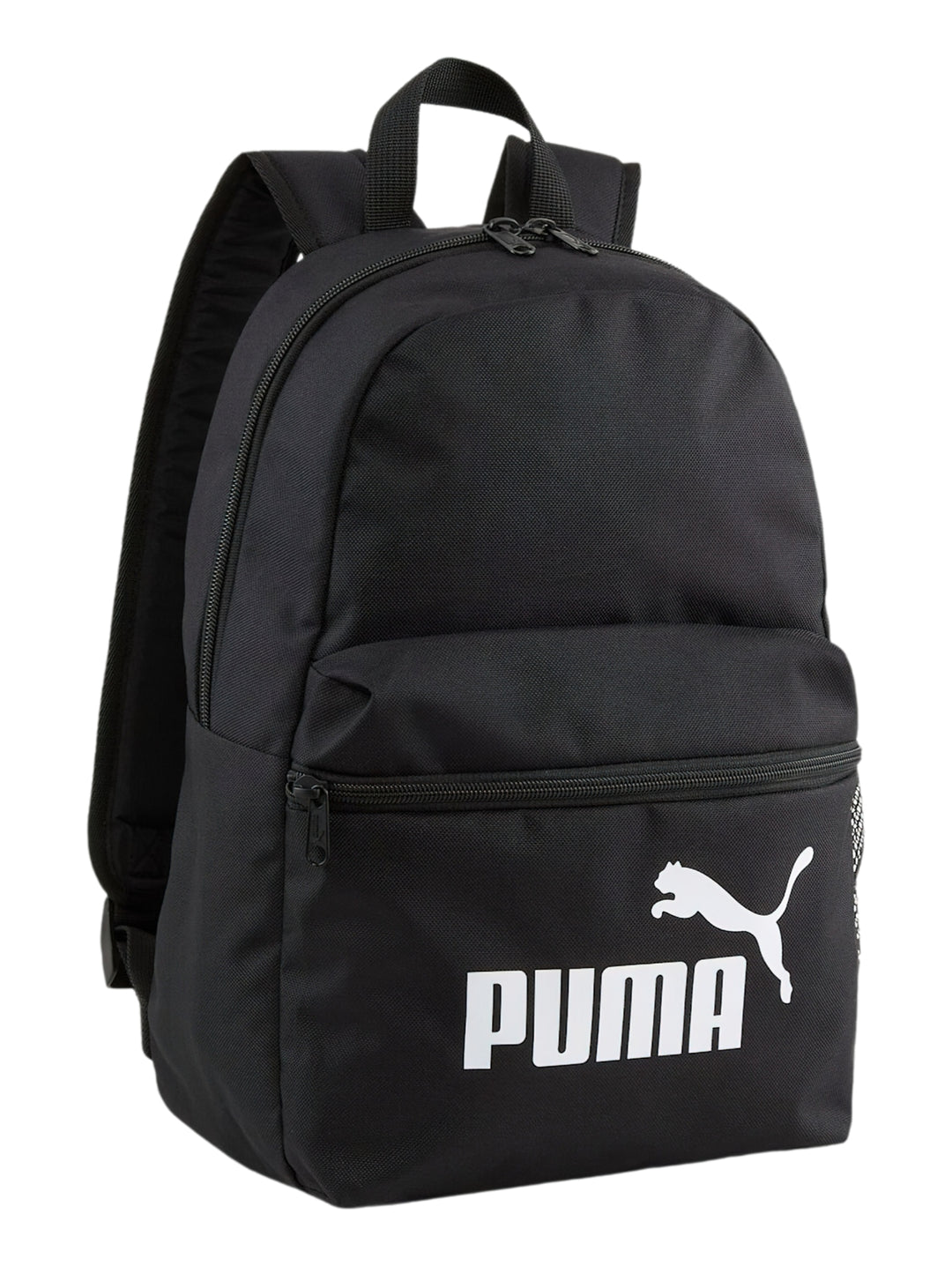 Mochila pequeña Puma de color negro con logotipo blanco en el bolsillo frontal y correas ajustables.