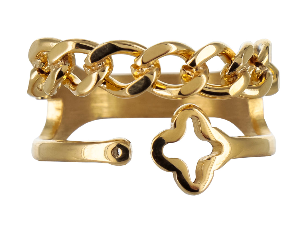Anillo dorado de marca ROZE con diseño de cadena en la parte superior y un detalle calado en la base.