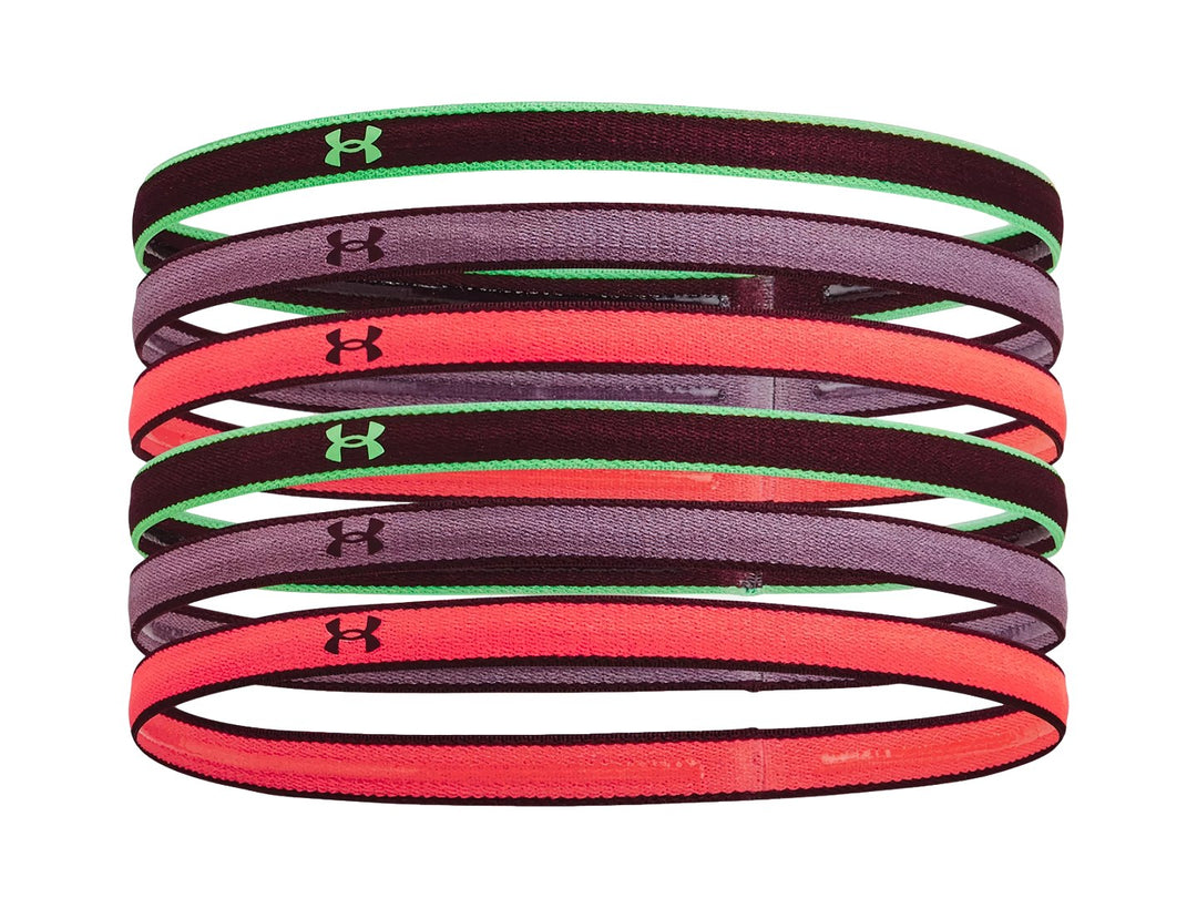 Set de 6 bandas para la cabeza Under Armour en colores morado, rojo y verde.