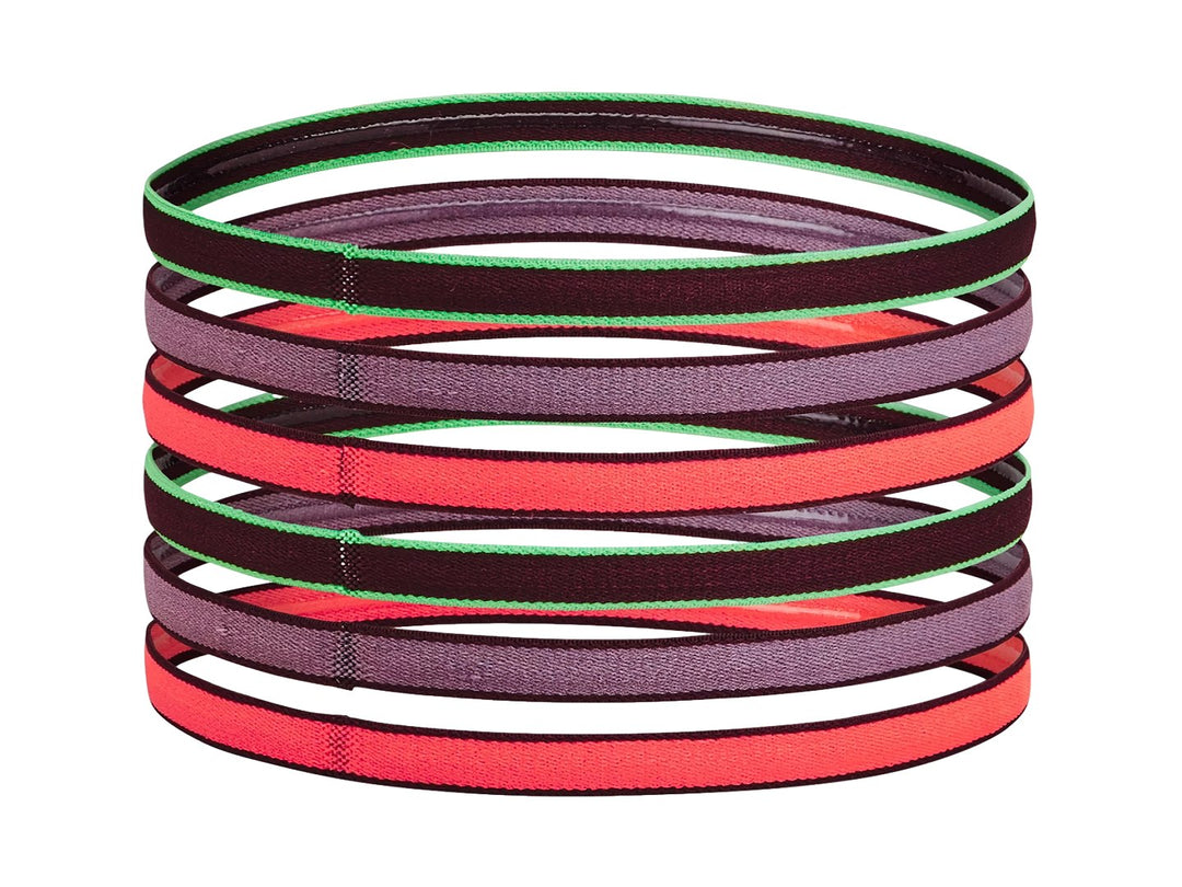 Set de 6 bandas para la cabeza Under Armour en colores morado, rojo y verde.