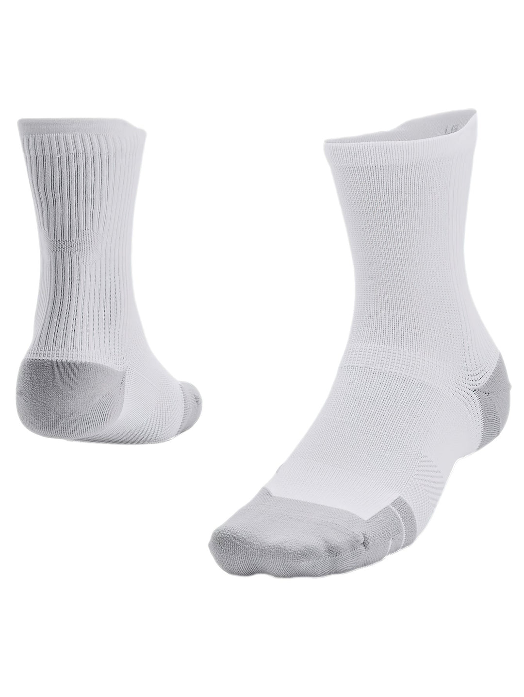 Par de calcetines deportivos blancos con detalles en gris en la punta y el talón.